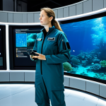 A professional marine biologist, fully clothed in a modest, protective field suit, stands in a cutting-edge ocean research facility. She is interacting with a holographic display showing real-time data of a dynamic marine protected area, with vibrant marine life visible beneath the simulated ocean surface. In the background, an AI-powered underwater drone is visible, ready for deployment. The scene emphasizes technological innovation and climate-informed conservation, set in a clean, modern lab with natural lighting. Perfect anatomy, correct proportions, natural pose, well-formed hands, proper finger count, natural body proportions, appropriate attire, professional dress, safe for work, appropriate content, family-friendly.