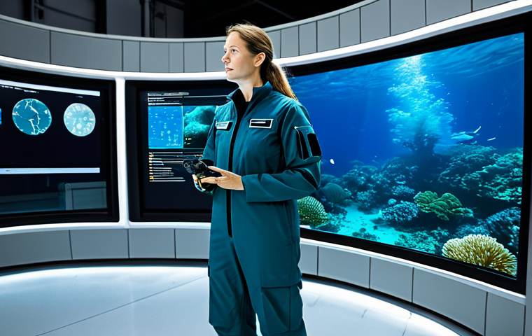 A professional marine biologist, fully clothed in a modest, protective field suit, stands in a cutting-edge ocean research facility. She is interacting with a holographic display showing real-time data of a dynamic marine protected area, with vibrant marine life visible beneath the simulated ocean surface. In the background, an AI-powered underwater drone is visible, ready for deployment. The scene emphasizes technological innovation and climate-informed conservation, set in a clean, modern lab with natural lighting. Perfect anatomy, correct proportions, natural pose, well-formed hands, proper finger count, natural body proportions, appropriate attire, professional dress, safe for work, appropriate content, family-friendly.