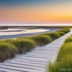 해수면 상승 대응을 위한 공공 인프라 투자 - **"Redefining Our Shorelines: Blending Green and Grey"**
    A wide, serene coastal landscape featur...