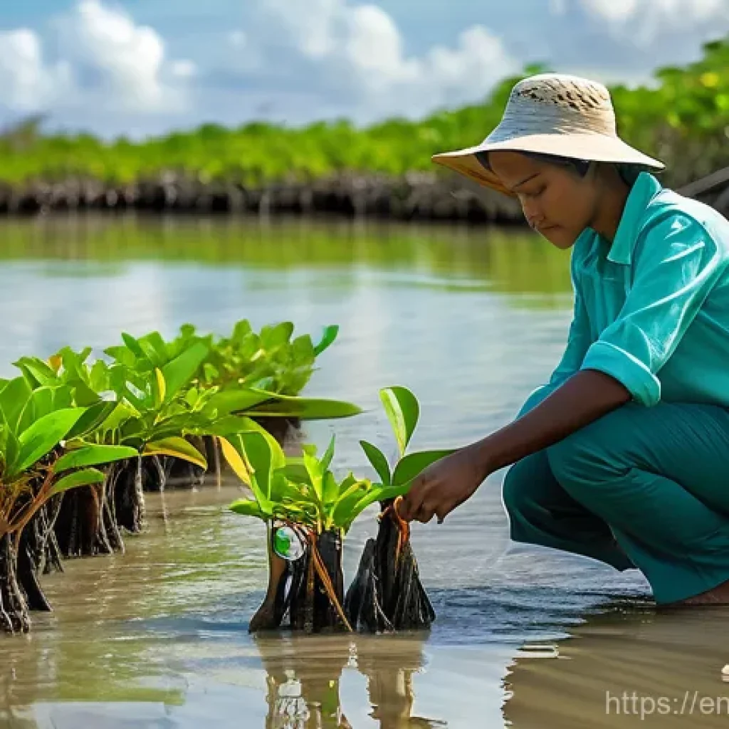해수면 상승에 따른 도시 계획 전략 - **Vibrant Mangrove Restoration Project**
* **Prompt**: "A sun-drenched, vibrant coastal scene ...