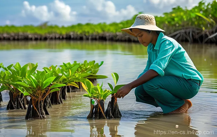 해수면 상승에 따른 도시 계획 전략 - **Vibrant Mangrove Restoration Project**
* **Prompt**: "A sun-drenched, vibrant coastal scene ...