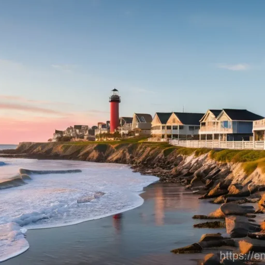 해수면 상승 대응을 위한 정책 효과 분석 - **Coastal Community Adapting to Changing Tides:**
A vibrant, picturesque coastal town at sunrise...