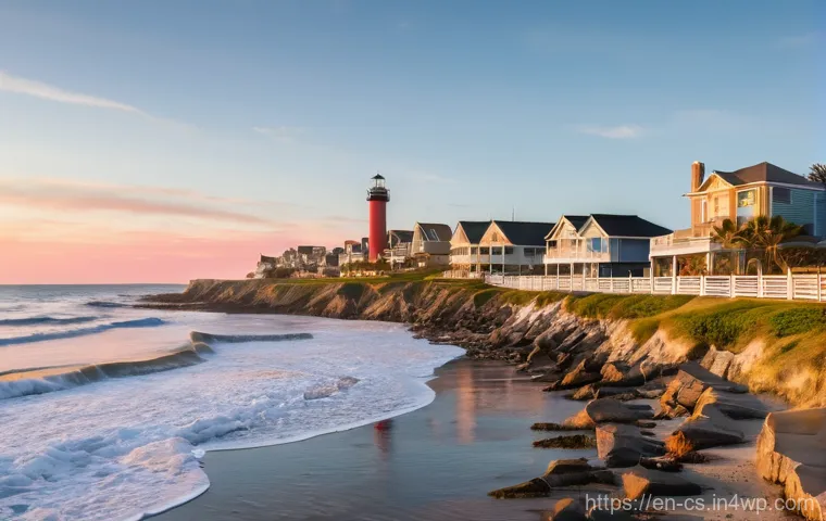 해수면 상승 대응을 위한 정책 효과 분석 - **Coastal Community Adapting to Changing Tides:**
A vibrant, picturesque coastal town at sunrise...