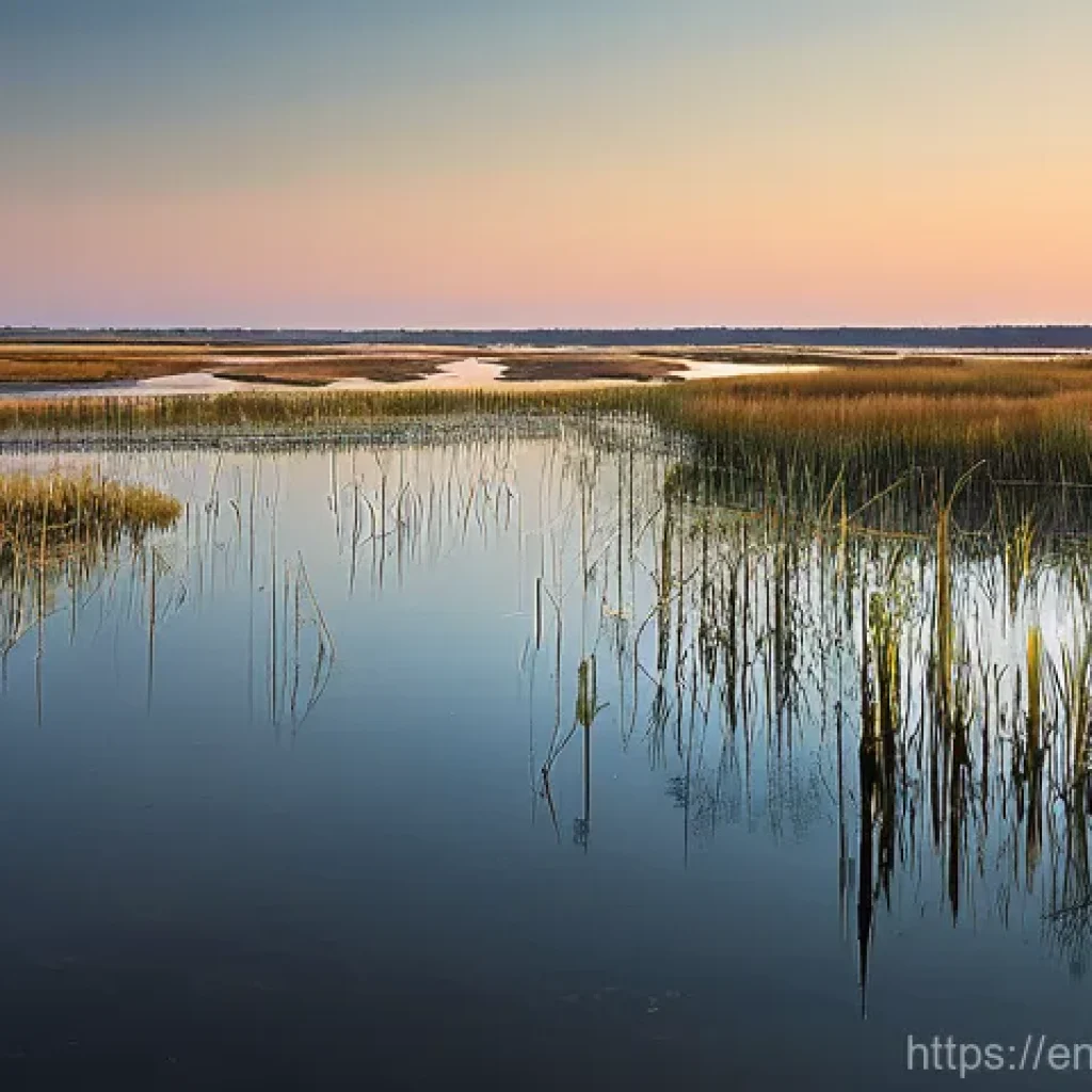 해수면 상승이 생태계에 미치는 영향 - Coastal Wetland Ghost Forest at Dawn**
"An atmospheric, wide-angle photograph capturing a coastal s...