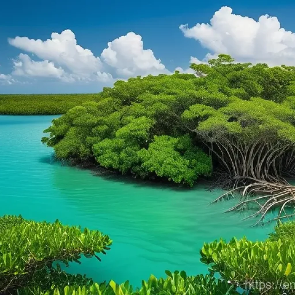 해수면 상승 대응을 위한 해양 보호 구역 설계 - **Subject:** A majestic and dense mangrove forest at the transition point between a calm, tropical o...