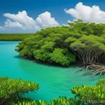 Home 14 해수면 상승 대응을 위한 해양 보호 구역 설계 - **Subject:** A majestic and dense mangrove forest at the transition point between a calm, tropical o...