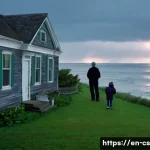 Home 12 해수면 상승과 지역 경제의 상관관계 - **Prompt 1: The Burden of a Coastal Home**
"A poignant scene featuring a family, including a mot...