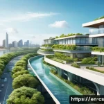 Home 17 해수면 상승 대응을 위한 정책 제안 - A futuristic coastal cityscape featuring flood-resistant urban design: elevated modern buildings wit...