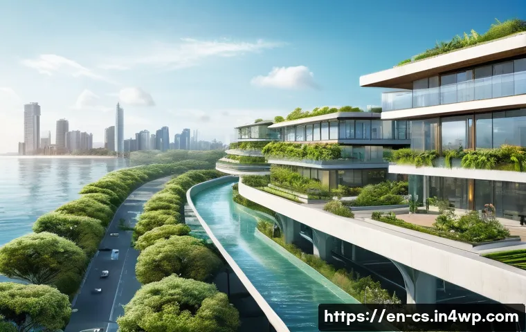 해수면 상승 대응을 위한 정책 제안 - A futuristic coastal cityscape featuring flood-resistant urban design: elevated modern buildings wit...
