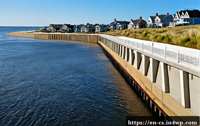 해수면 상승 대응을 위한 정부 정책 - Photorealistic coastal city adaptation scene in the United States, wide eye-level view of a newly ra...