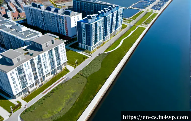 Home 15 해수면 상승에 따른 도시 재생 전략 - Photorealistic aerial view of a revitalized coastal city adapting to sea-level rise, a broad waterfr...