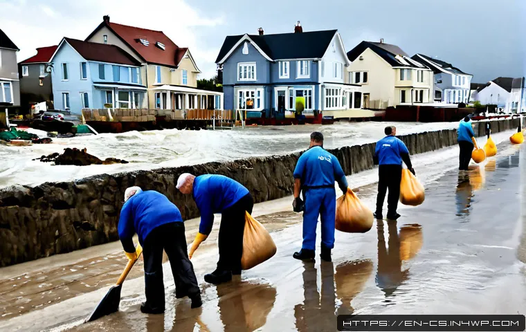 Home 17 해수면 상승과 사회적 책임 - Photorealistic coastal neighborhood at high tide, a diverse group of adult residents and city worker...